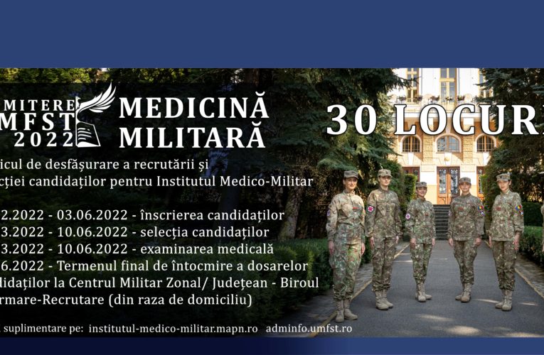 Admitere 2022 UMFST Târgu Mureș. 30 locuri la Medicină Militară